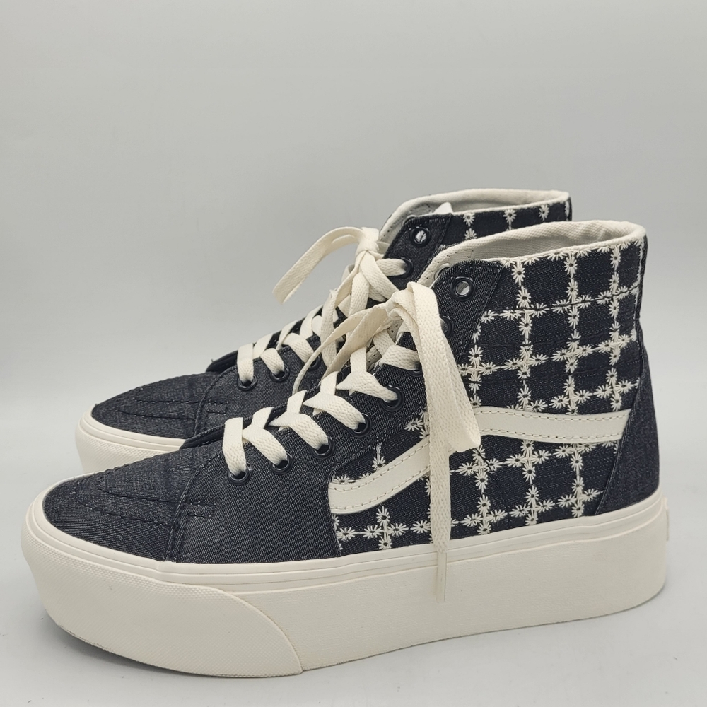 Vans Sk8-Hi Tapered 1.75"Stacked Sneaker M 6.5 W 8 Black Denim Daisy Embroidered